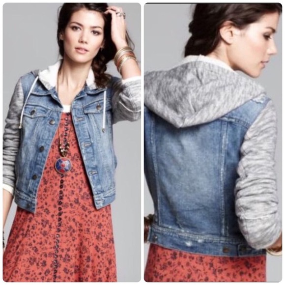 Free People Distressed Jean Jacket Womens Small Blue Gray Terry Hood Arms - Picture 7 of 11